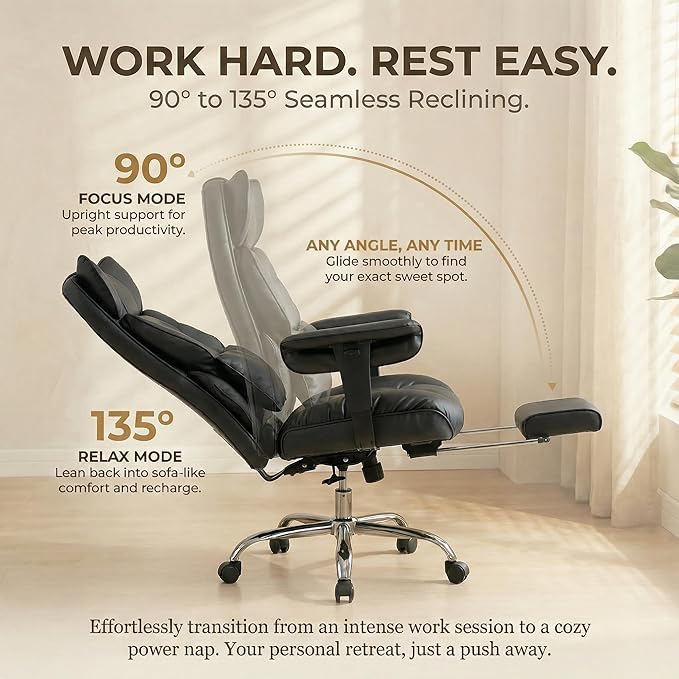 Efomao Big and Tall Office Chair 400lbs - Heavy Duty Reclining Desk Chair with Footrest, Spacious High Back PU Leather Executive Chair, Double-Layer Spring Support, Black