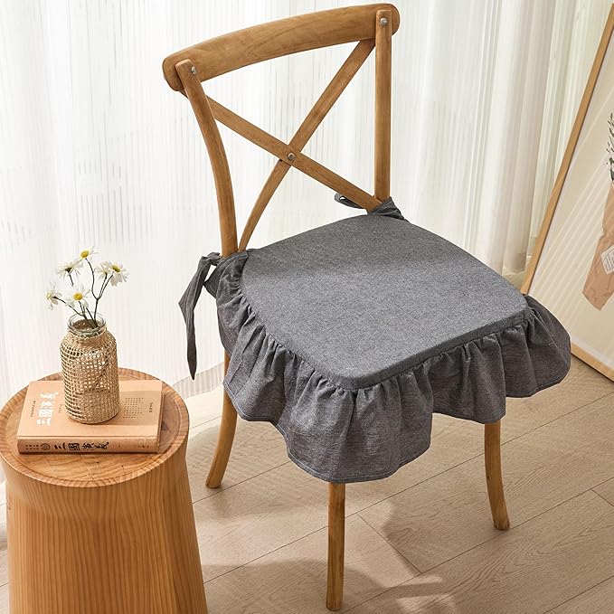 vctops Cotton Ruffled Chair Cushion for Kitchen Dining Room Chairs Farmhouse Neutral Thin Seat Cushion Soft Foam Non Slip Chair Pad with Removable Cover (Dark Grey,16"x16")