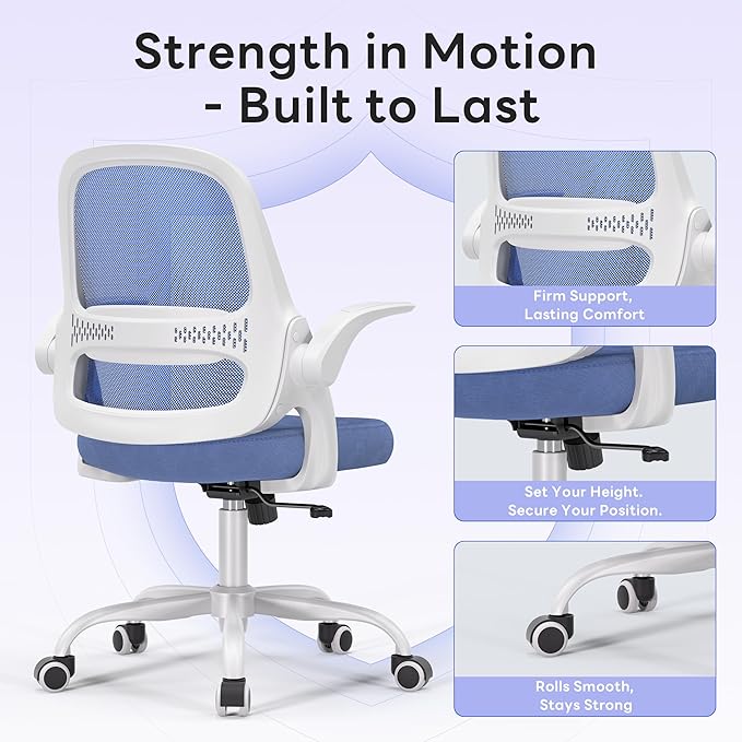 amseatec Office Chair，Ergonomic Mesh Desk Chair,Flip-Up Arms,Adjustable Height,Breathable Mesh Back & Thick Cushion Seat,360°Swivel Rolling Computer Chair,BIFMA Certified,Supports 300 lbs(Blue)