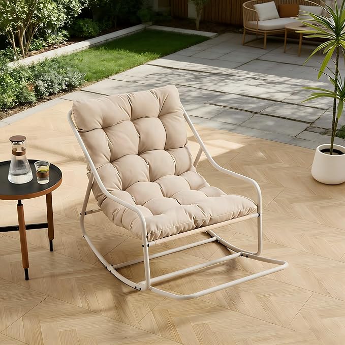 Rocking Chair with Foot Rest, Outdoor Indoor Rocking Lounge Chair with Cushion, Comfortable Patio Rocker Chairs for Patio, Porch, Garden, Living Room, Reading, Metal Frame, Beige