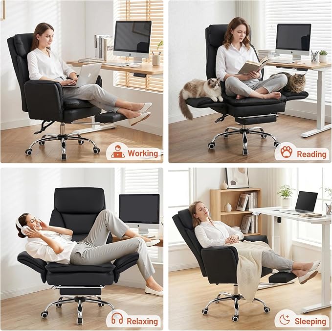 Furniliving Big and Tall Office Chair, Ergonomic Computer Desk Chair with Footrest, Wide Seat Reclining Gaming Chair, Flip Armrests for Cross Legged Sitting, Heavy Duty Support up to 400LBS, PU, Black