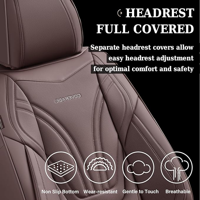 Coverado Car Seat Covers Front Seats, 2 Piece Car Seat Protector with Lumbar Support & Removable Headrest, Breathable Leather Seat Cushion Universal Fit for Truck Automotive Vehicles Brown