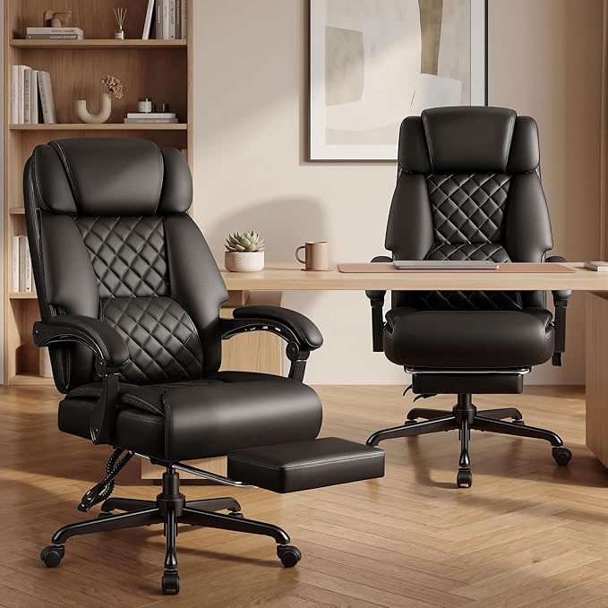 JUMMICO Massage Office Chair with 6 Point Vibration and Heat, Ergonomic Executive Home Office Desk Chair with Foot Rest, High Back 400LBS Leather Computer Chair for Home Office (Black)