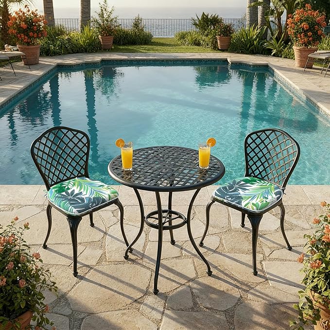 DYTXIII Set of 2 Outdoor Chair Cushions with Ties,Water Repellent Patio Chair Pads 17"x 16" for Outdoor Furniture,Round Corner Seat Cushions for Garden Yard Kitchen Islamorada Blue Green