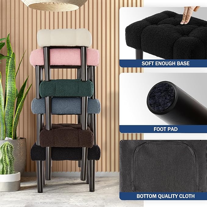 HOUCHICS Fur Padded Foot Stool, Small Ottoman Foot Rest with Wooden Legs,Modern Rectangle Chair Foot Rest Foot Step Stool for Living Room, Couch, Desk(Black)