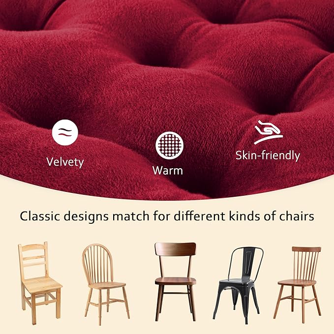 ELFJOY 4 Pack Chair Cushions for Dining Chairs Chair Pads Cushion for Kitchen Office Tufted Square Seat Cushion with Ties (16" Burgundy Velvet)