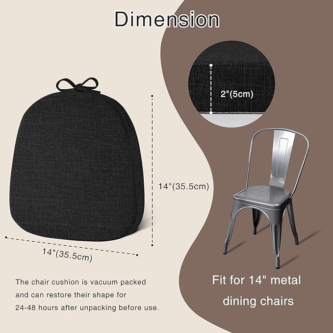 OVOV 14x14 Chair Cushions for Metal Dining Chairs Set of 1 Non Slip Thick Textured Chair Pads for Dining Chairs with Ties and Removable Cover (1, Black)
