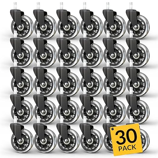 HOLKIE Office Chair Wheels Roller Blade Caster - Rubber Replacement for Office 11x22mm Transparent 3 Inch - Hardwood Floors Gaming Chair Wheels Set of 30 - Smooth & Silence Gliding for Desk