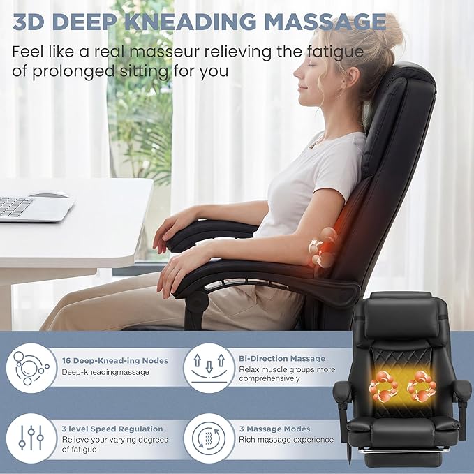 HOMREST 3D Kneading Massage Office Chair with 16 Kneading Nodes & Lumbar Support,Ergonomic Reclining Desk Chair with Footrest & Linkage Armrests,PU Leather Executive Chair with for Home Office (Black)