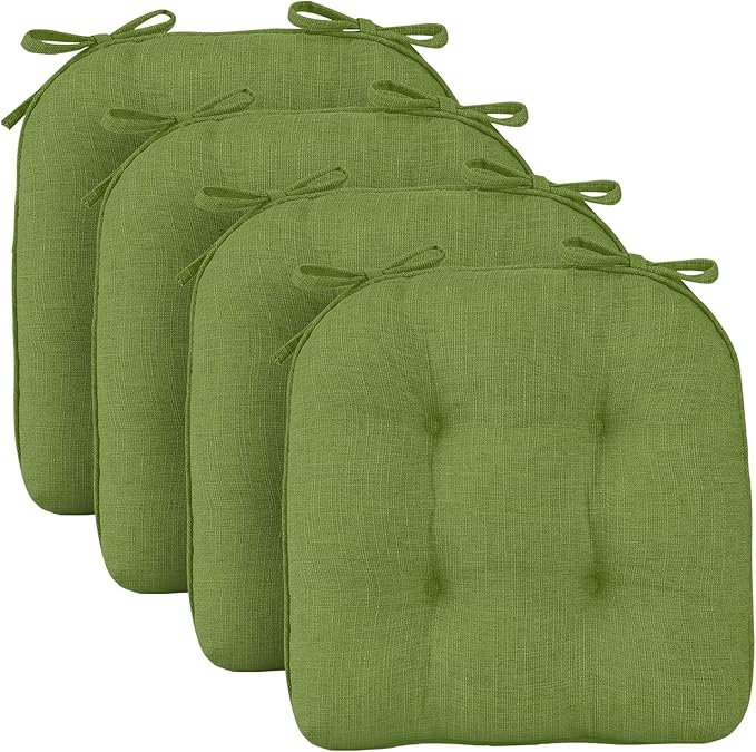 Wellsin Chair Cushions for Dining Chairs, Non-Slip Kitchen Chair Pads with Ties, Tufted Shredded Foam Kitchen Chair Cushions Set of 4, 15.5" X 15.5", Grass Green