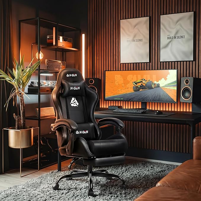 N-GEN GAMING Video Gaming Chair with Footrest Lumbar Support for Home Office High Back Recliner Height Adjustable Ergonomic Comfy Leather Computer Desk Chair (Carbon Black)