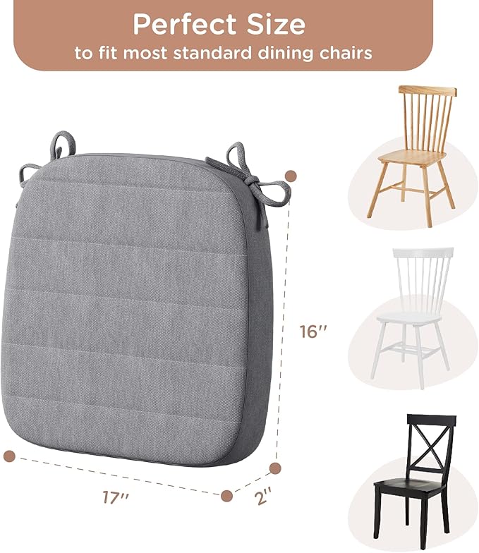 Codi Dining Chair Cushions Set of 4, Indoor Chair Pad for Kitchen and Bar Stool - Washable, Non-Slip Seat Cushion with Ties, 16x17 inch, Grey, 4 Pack