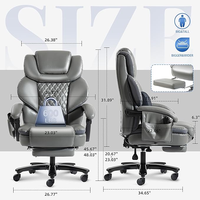 3D Kneading Massage Office Chair, Oversized 600LBS Big and Tall Executive Office Chair with Footrest, Reclining Computer Chairs, Wider Upholstered Seat Ergonomic Desk Chair for Home Office,Grey