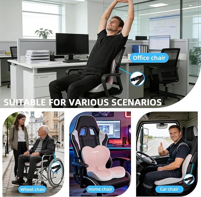 Orthopedic Memory Foam Seat Cushion with Adjustable Strap, Coccyx & Sciatica Pain Relief, Washable Non-Slip for Long Sitting, Ergonomic Posture Support for Office Chair, Car & Wheelchair (Pink Grey)