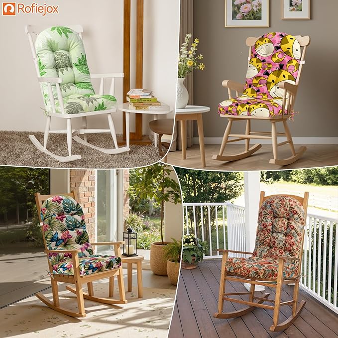 Rocking Chair Cushion, Personalized Design Printed Patterns/Fabrics, High-Density Sponge, Durable Comfort Non-Slip Bottom Tufted Seat Pads with Ties, 44x19x4 inch