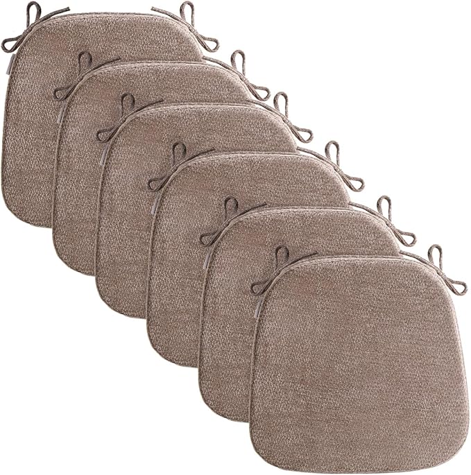 D-Shaped Chair Cushions for Dining Chairs, 2.5” Thick Chair Pads with Washable Comfortable Textured Cover, Non Slip Kitchen Chair Cushions with Ties, 16.5" x 16.5", 6 Pack, Brown