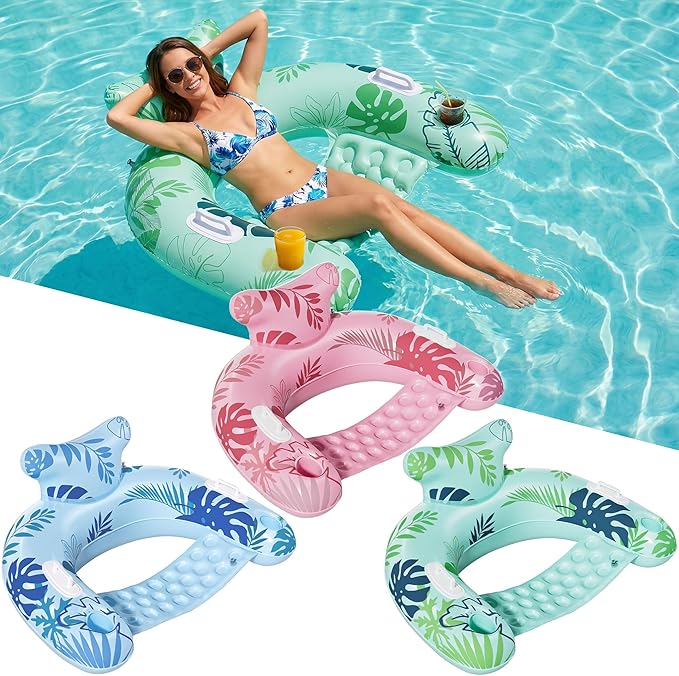 HLDIRECT Inflatable Pool Floats Adult, Floating Pool Chair with Cup Holders for Swimming Pool, Water Chair Pool Lounger with Handles & Ergonomic Headrest for Party Summer Water Fun