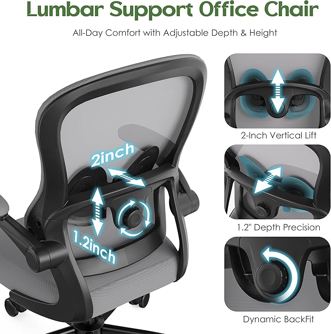Office Chair Ergonomic Desk Chair - Mesh Comfy Home Desk Office Chairs with Wheels Adjustable Lumbar Support Flip up Armrest Executive Rolling Swivel Teacher Task Computer Chair Gray