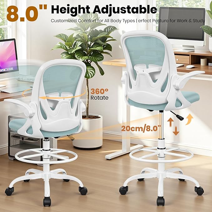 Primy Drafting Chair Tall Office Chair with Flip-up Armrests Executive Ergonomic Computer Standing Desk Chair with Lumbar Support and Adjustable Footrest Ring（Light Blue）