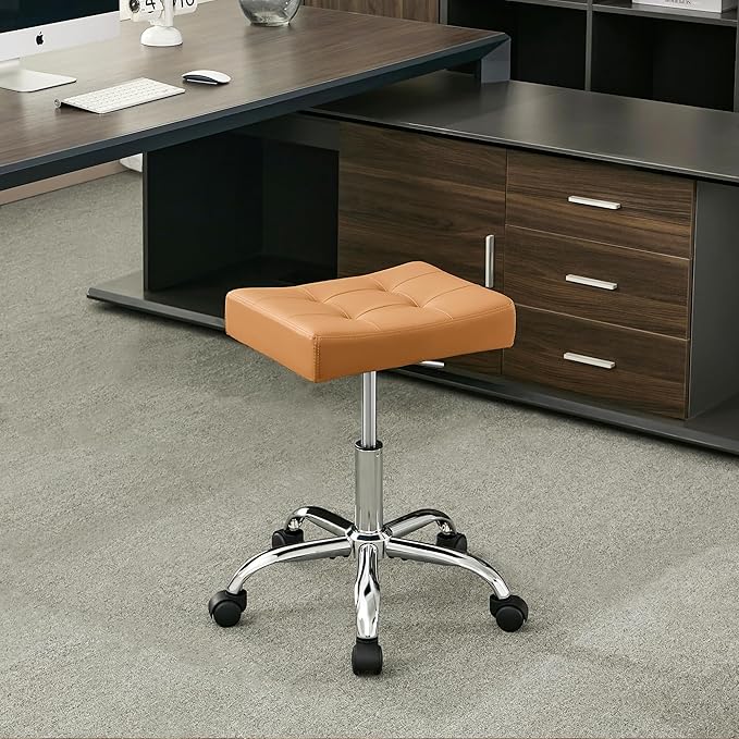 FIRAVOE Office Stool with Wheels (300lbs Capacity) (Adjustable Height 17"-21") Brown Faux Leather Workbench Stool (Camel Brown)