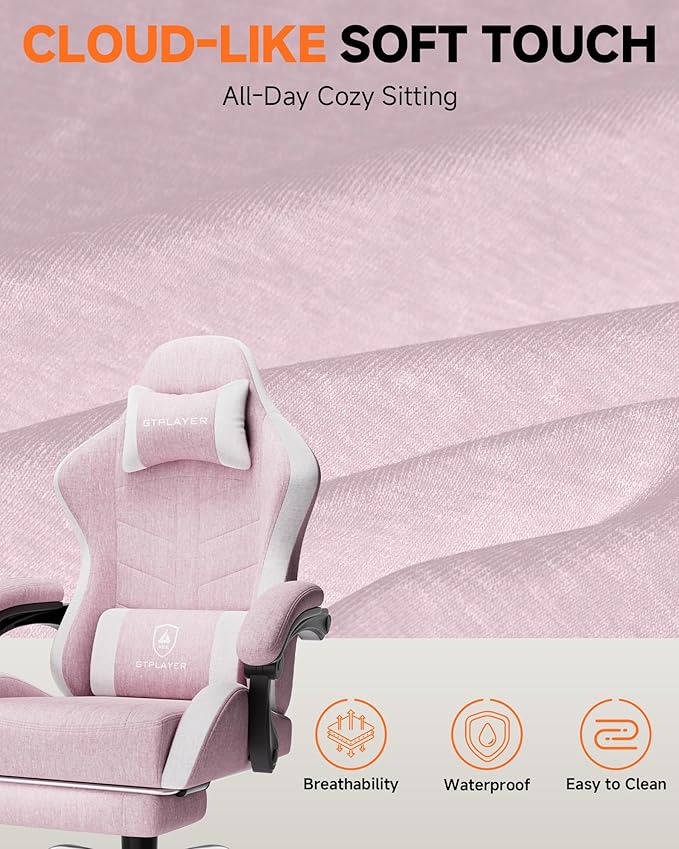 GTPLAYER Gaming Chair with Footrest, Computer Gaming Chair for Adults and Kids, Height Adjustable Gamer Chair with 90-155° Recline & Removable Headrest Lumbar Support,Linen Fabric Pink