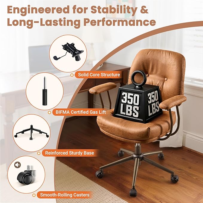 Leather Home Office Chair, Mid Back Ergonomic Desk Chair with Lumbar Support, Mid Century Modern Deep Seat Swivel Rocking Computer Chair, Brown