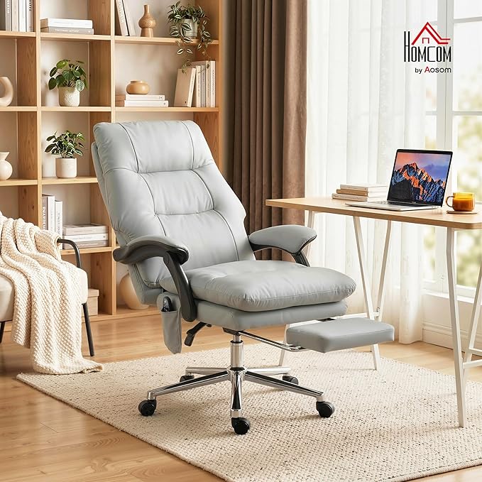 HOMCOM Massage Office Chair with 6-Point Vibration, Pet-Friendly Faux Leather Ergonomic Executive Desk Chair with Double-Layer Spring Cushions, Wide Seat, High Back, Reclining, Footrest, Light Gray