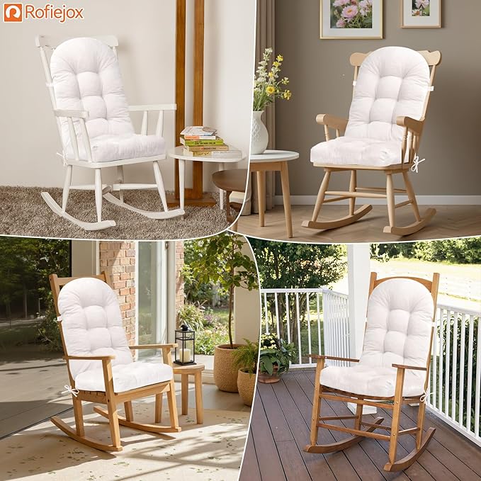 Rocking Chair Cushion - Chenille Fabric, High-Density Sponge, Durable Comfort Double-Sided Tufted Seat Pads with Ties, Chenille︱Cleanroom White, 44x19x4 inch