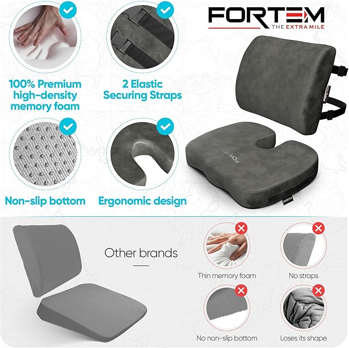 FORTEM Seat Cushion, Office Chair Cushion, Lumbar Support Pillow for Office Chair, Memory Foam Car Seat Cushions, Sciatica Coccyx Tailbone Pain Relief, Cushions for Back Support, Washable, Non Slip XL