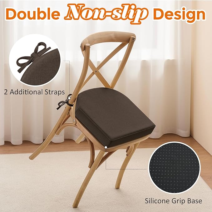 downluxe Chair Cushions for Dining Chairs, Memory Foam Linen Kitchen Chair Pads with Ties, Waterproof, Stain-Resistant and Washable Cover, 17" x 16" x 2.5", Brown, 2 Pack