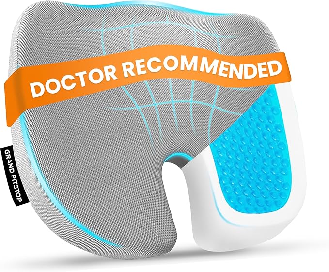 GRAND PITSTOP Gel Memory Foam Seat Cushion – Orthopedic Ergonomic Cushion for Office Chair, Car, Home & Travel – Tailbone, Sciatica & Back Pain Relief Pillow for Long Sitting Comfort