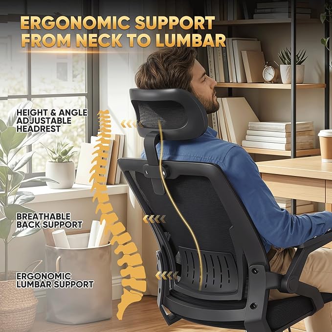Magshion Ergonomic Office Chair with Flip-up Armrests & 3D Headrest, Swivel Mesh Desk Chair Executive Computer Chair for Home Office Study, 260 LBS Capacity, Black