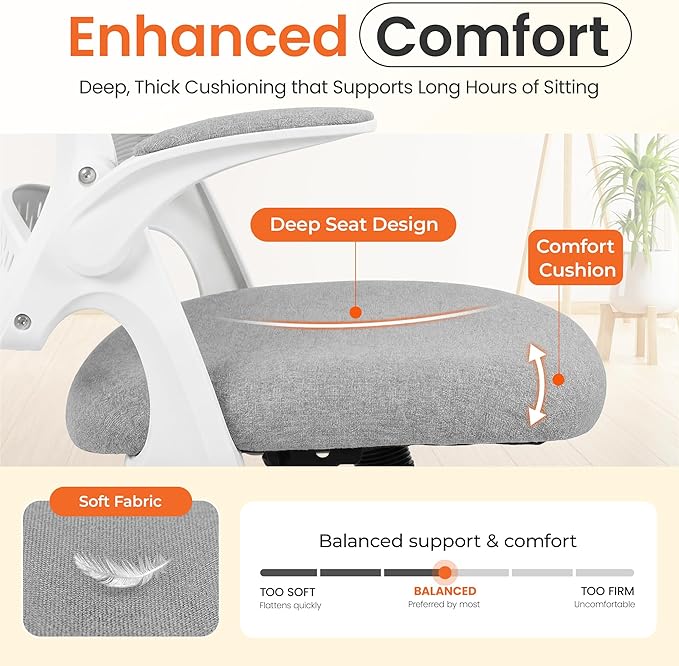 NEO CHAIR Office Chair Computer Desk Chair Ergonomic Gaming Comfy Mesh with Flip-up Arms Lumbar Support Adjustable Height Rolling Wheels for Home Office (Grey)