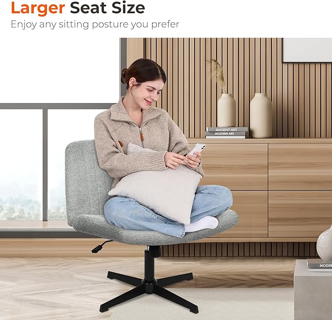 NEO CHAIR Criss Cross Chair No Wheels Armless Cross Legged Office Desk Wide Comfy Vanity Makeup Chair Adjustable Computer Task for Home Office Fabric (Grey)