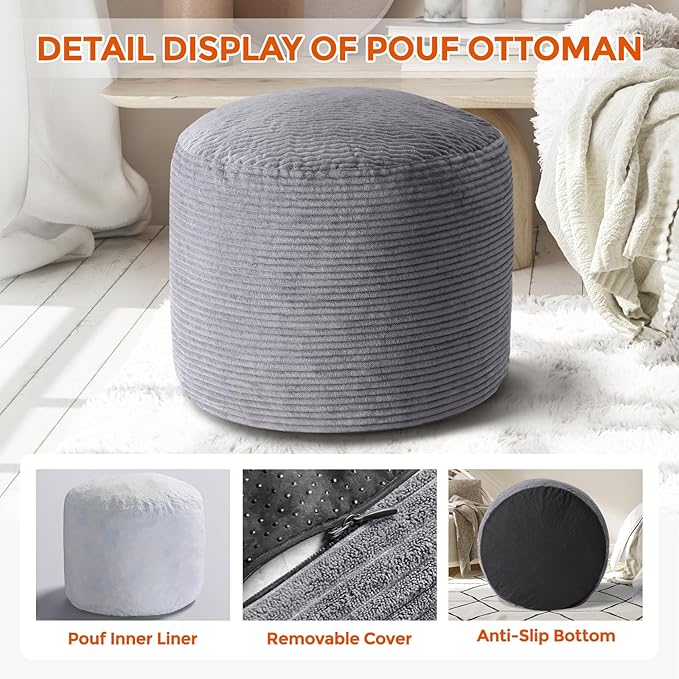 26" x 26" x 18" Pouf Ottoman Foot Rest, Pre-Stuffed Round Foot Stool with Odorless Shredded Memory Foam, Furry & Fluffy Corduroy Footrest for Living Room, Dark Grey