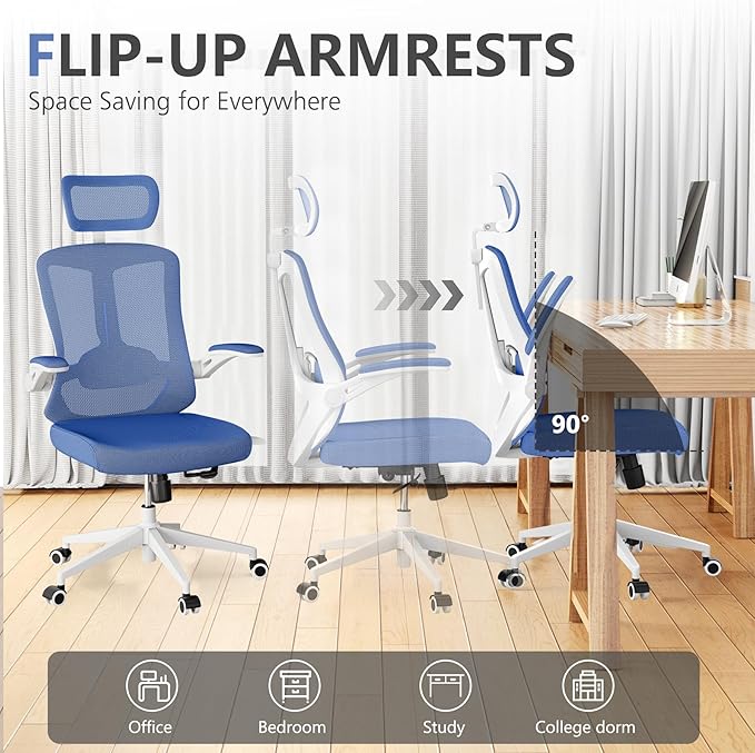 350 LBS Ergonomic Office Computer Mesh Chair - Adjustable Height Rolling Desk Chair with Flip-Up Armrests & High Back Support - Comfortable Swivel Task Chair for Home Office (03BLUE)