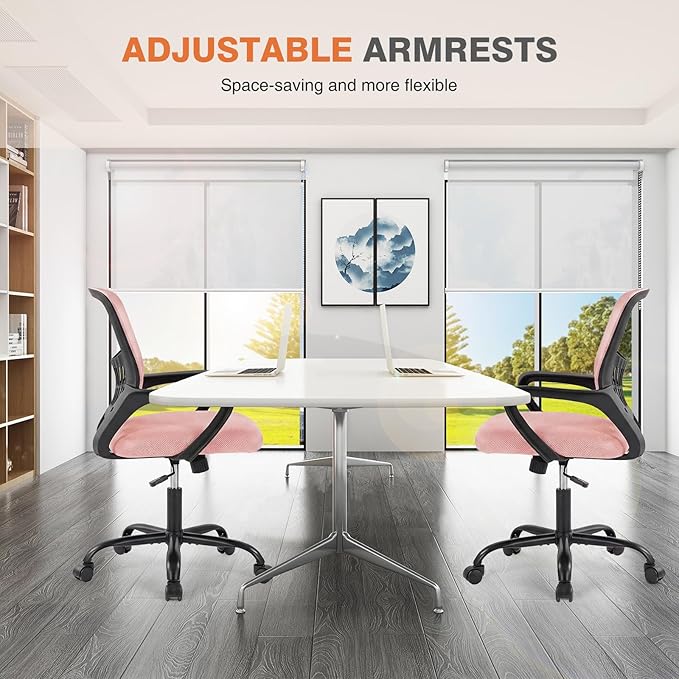 Sweetcrispy Home Office Managerial Executive Chair, Ergonomic Mesh Adjustable Swivel Mid-Back Computer Desk Chair with Comfortable Lumbar Support, Comfy Arms for Bedroom,Study, Blak&Pink