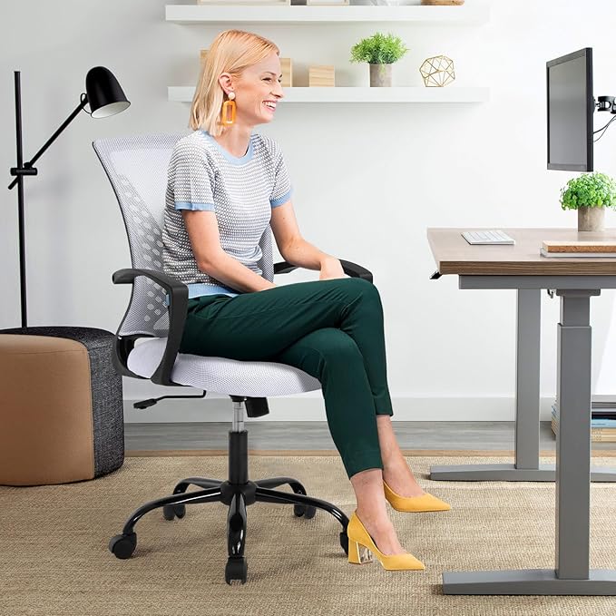 Modern Office Chair - Breathable Mesh Ergonomic Chair with Adjustable Lumbar Support, Mid Back Computer Chair for Home Office, Minimalist Design & Easy Assembly (White)