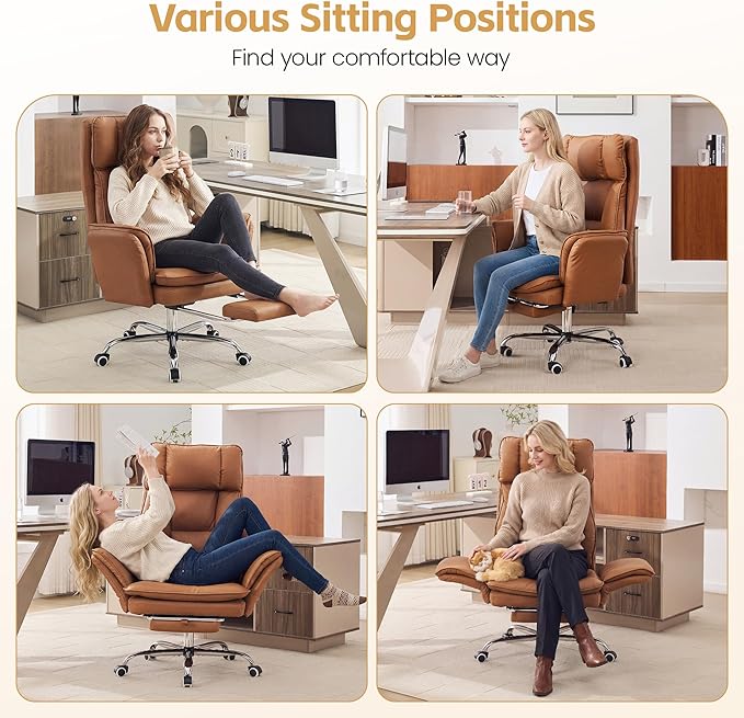 Big and Tall Office Chair, Cloud Reclining Office Chair with Footrest & Flip Armrest for Pets, Executive Ergonomic Criss Cross Desk Chair, Swivel Computer Gaming Chair with Lumber Pillow, PU Brown