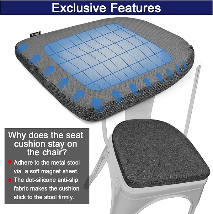 BUYUE Friendly Woven Fabric 14x14 Magnetic Cushion for Metal Chair 1 Piece, Enhanced Anti-Slip Seat Pad for Dining Kitchen Café Stackable Chair (U-Shape, Dark Gray, 1 Count)