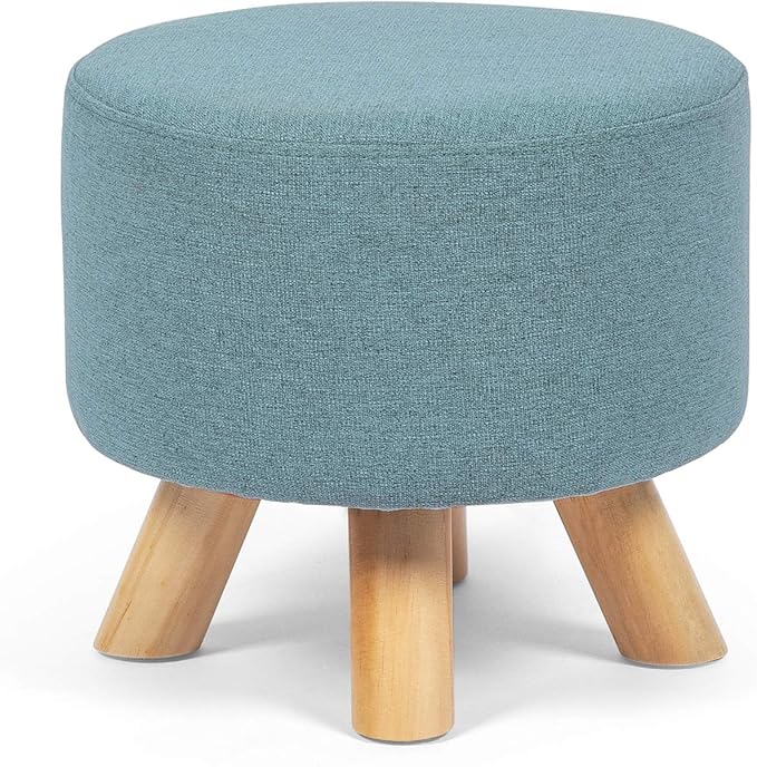Homebeez Round Ottoman Foot Rest Stool, Small Fabric Footstool with Non-Skid Wood Legs, Blue