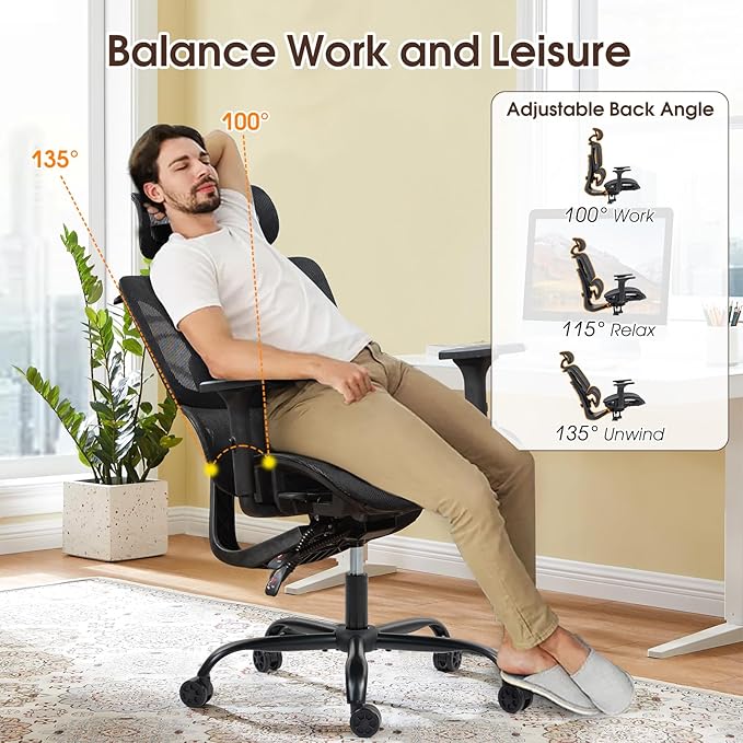 ECOTOUGE Mesh Desk Chair, Ergonomic Office Chair with Lumbar Support, Adjustable Headrest & 3D Armrests, Reclining High Back Chair for Home, Black Gaming Chair for Adults