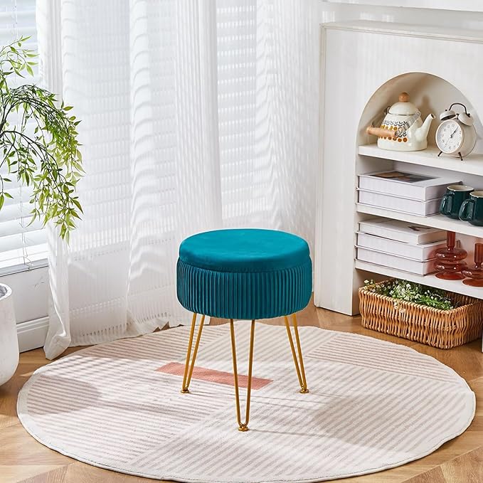 Cpintltr Velvet Foot Rest Stool Multipurpose Dressing Stools Upholstered Round Storage Ottoman Modern Soft Vanity Chair with Memory Foam Seat Teal