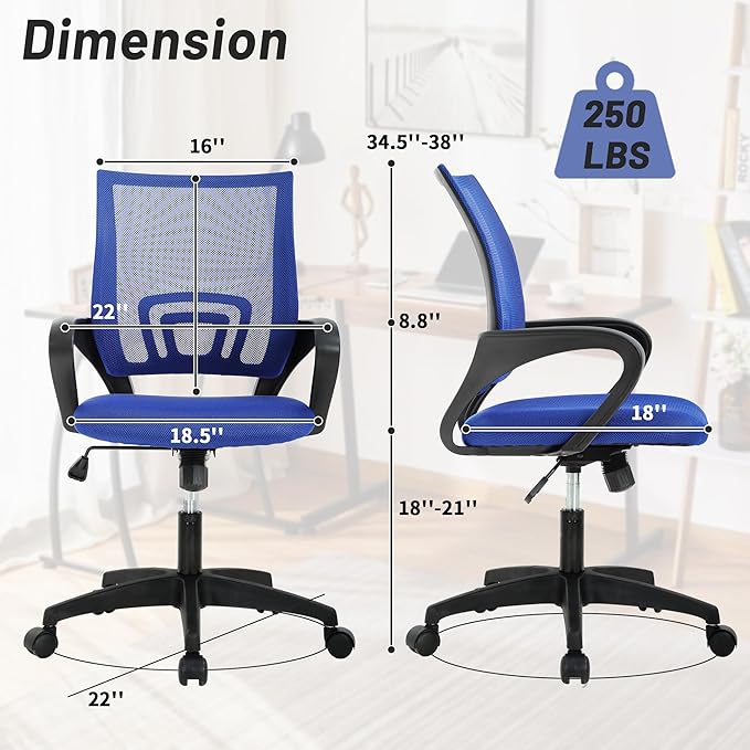 Office Chair,Mesh Office Chair with Arm and Wide Comfortable Seat,Ergonomic Desk Chair with Lumbar Support,Work Chairs for Home Office,Adjustable Rolling Office Chair,Blue