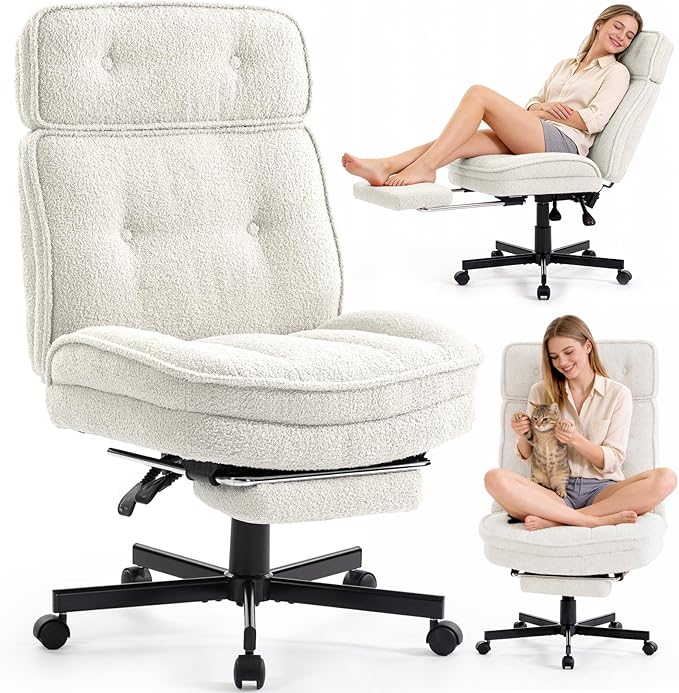 Criss Cross Chair with Wheels - Home Office Desk Chairs with Foot Rest, Morden Comfy Swivel Makeup Chair for Vanity, Ergonomic Cross Legged Office Chair with High Back & Wide Seat, White