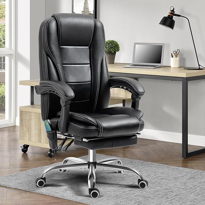 TonghuaS Massage Office Chair with Foot Rest Vibration and Heating, 90-130° Reclining Desk Chair, Ergonomic Reclining Computer Gaming Leather Chair(Black)