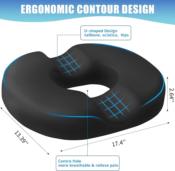 BlissTrends Donut Pillow Seat Cushion,Donut Chair Cushions for Postpartum Pregnancy & Hemorrhoids,Tailbone Pain Relief Cushion,Memory Foam Lifting Cushions for Office&Home Chairs (Black)