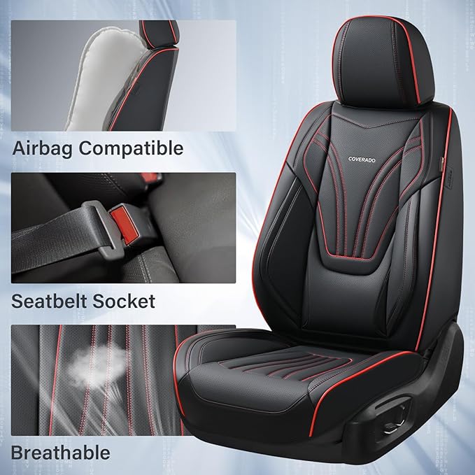 Coverado Car Seat Covers Full Set, 5 Piece Car Seat Protector with Lumbar Support & Removable Headrest, Breathable Leather Front Rear Seat Cushion Universal Fit for Truck Automotive Black & Red
