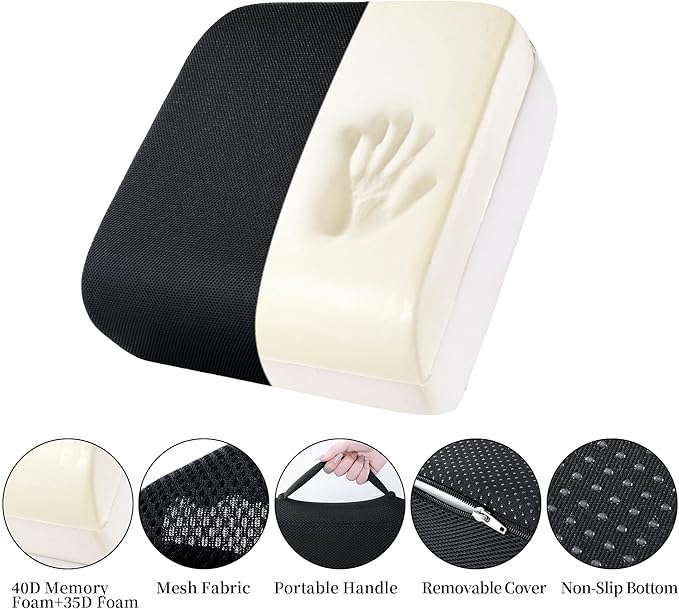 MABOZOO Extra Thick Chair Cushions,Office Chair Booster Seat Cushion to Raise Seat Height for Pain Relief,18 x 16 x 5 inch Non Slip Memory Foam Thick Cushion with Carry Handle（Black）
