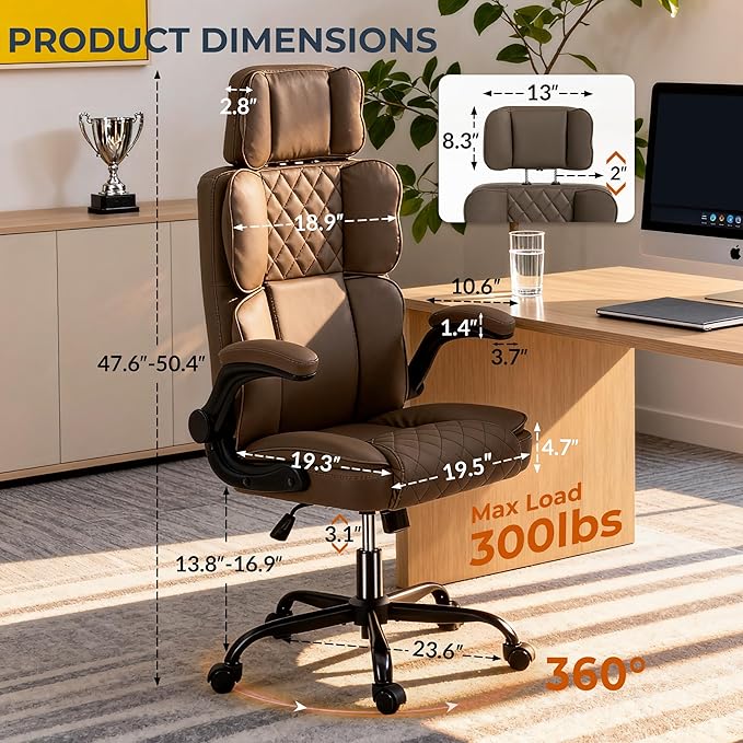 Office Chair with Adjustable Headrest - Executive Leather Desk Chair for Home Office, with Flip-Up Arms & Ergonomic Lumbar Support, Perfect for Work and Study, Brown